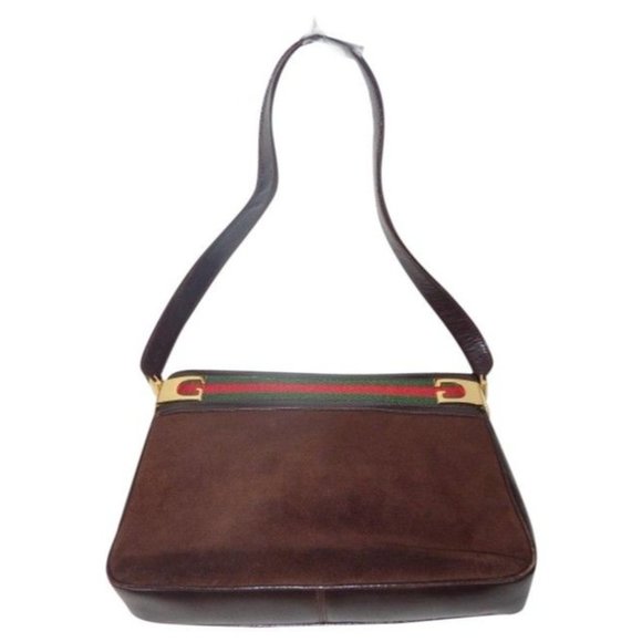 Gucci Vintage Brown Suede Leather Shoulder Bag with Red And Green - Picture 1 of 12